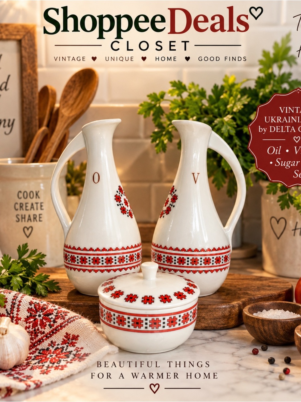 Vintage Ukrainian Art Oil Vinegar Cruet Set Sugar Bowl Red Black Folk Design